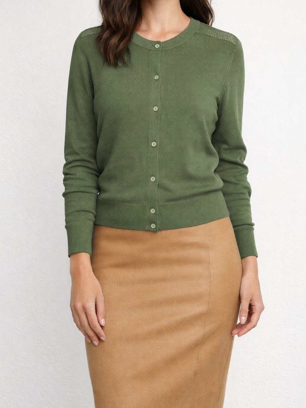 Amour Vert new Dark Olive Button Front Cardigan Textured Knit Sheer Back, Size S